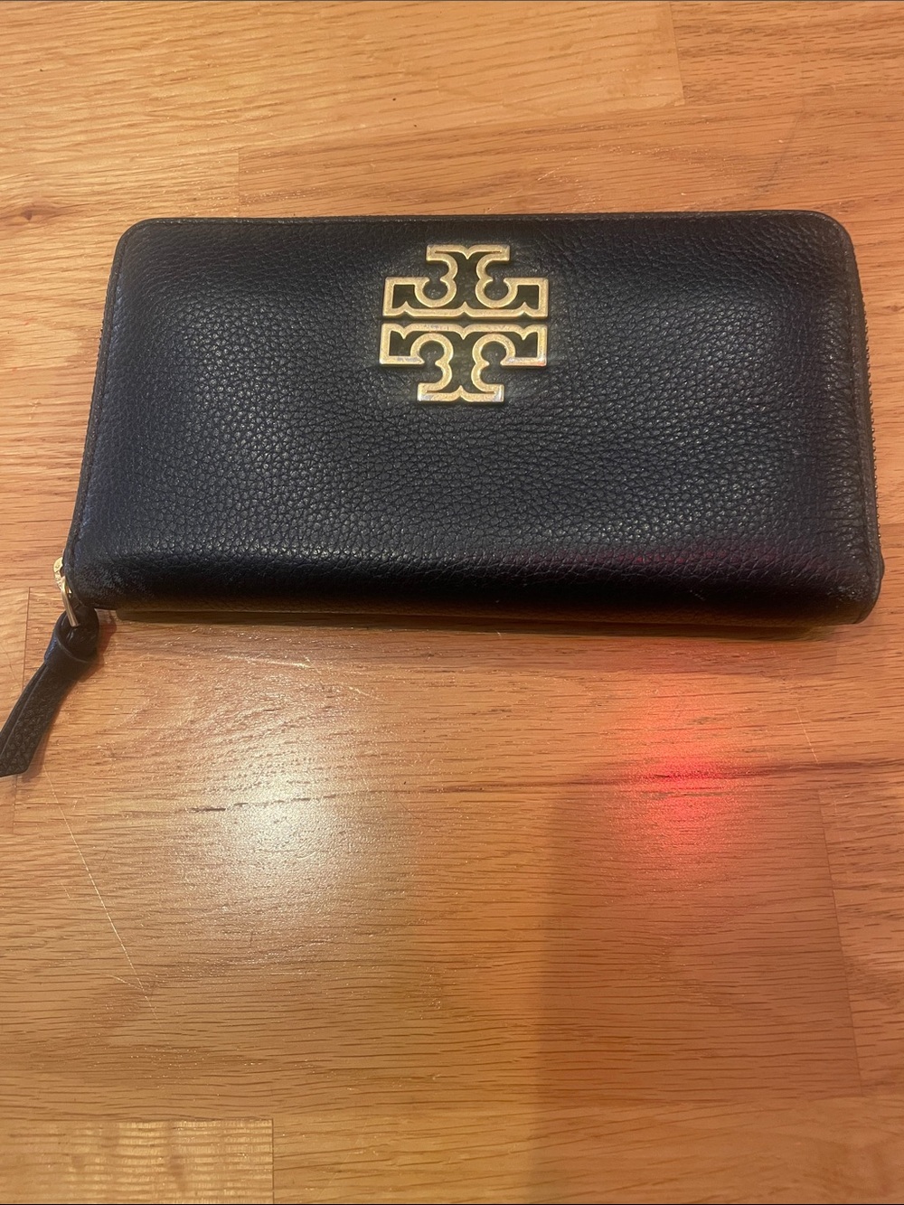 Tory Burch Black Pebbled Leather Zip Wallet with Gold Logo